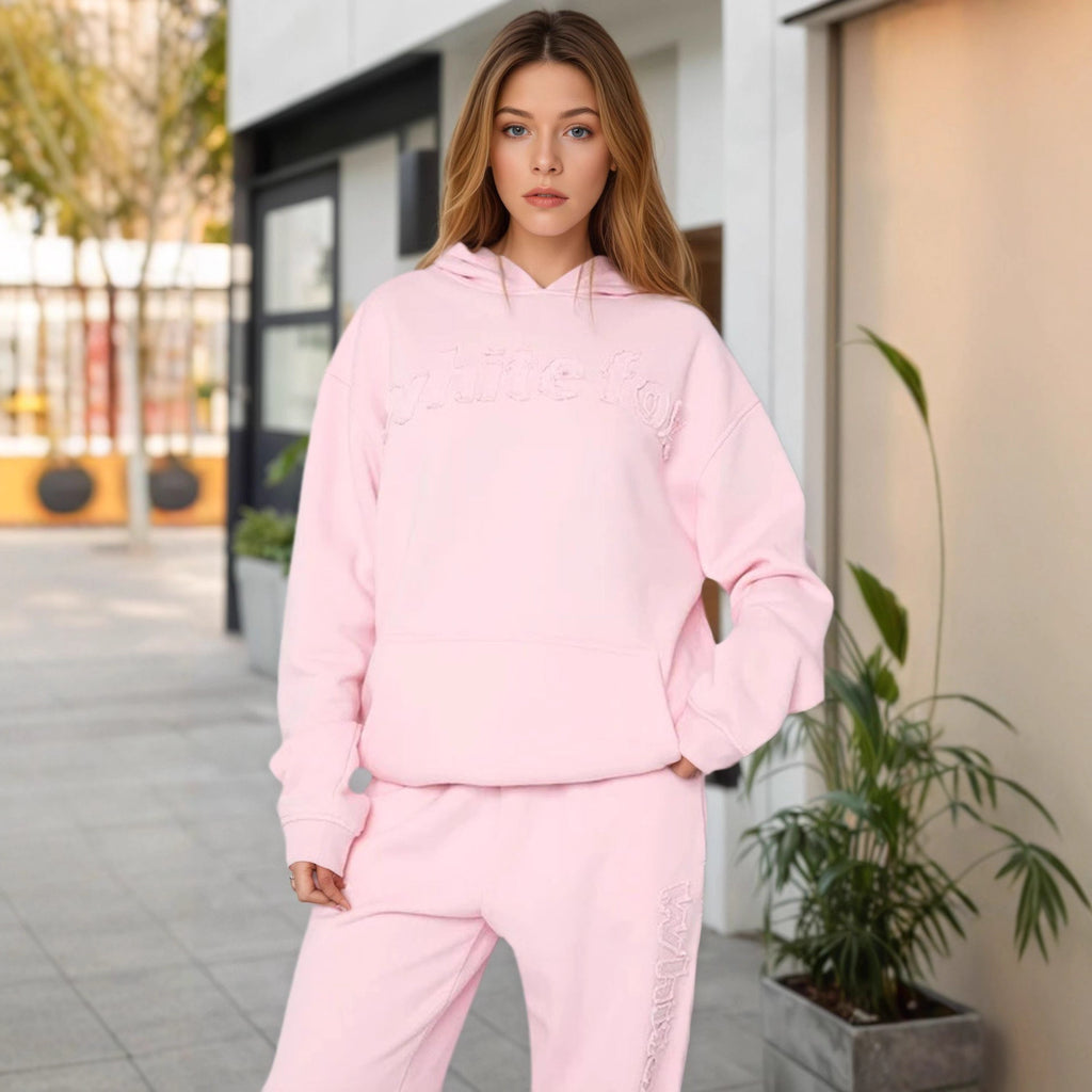 Fleece Hooded Sweatshirt & Fashionable Sports Blend Long Pants Two-Piece
