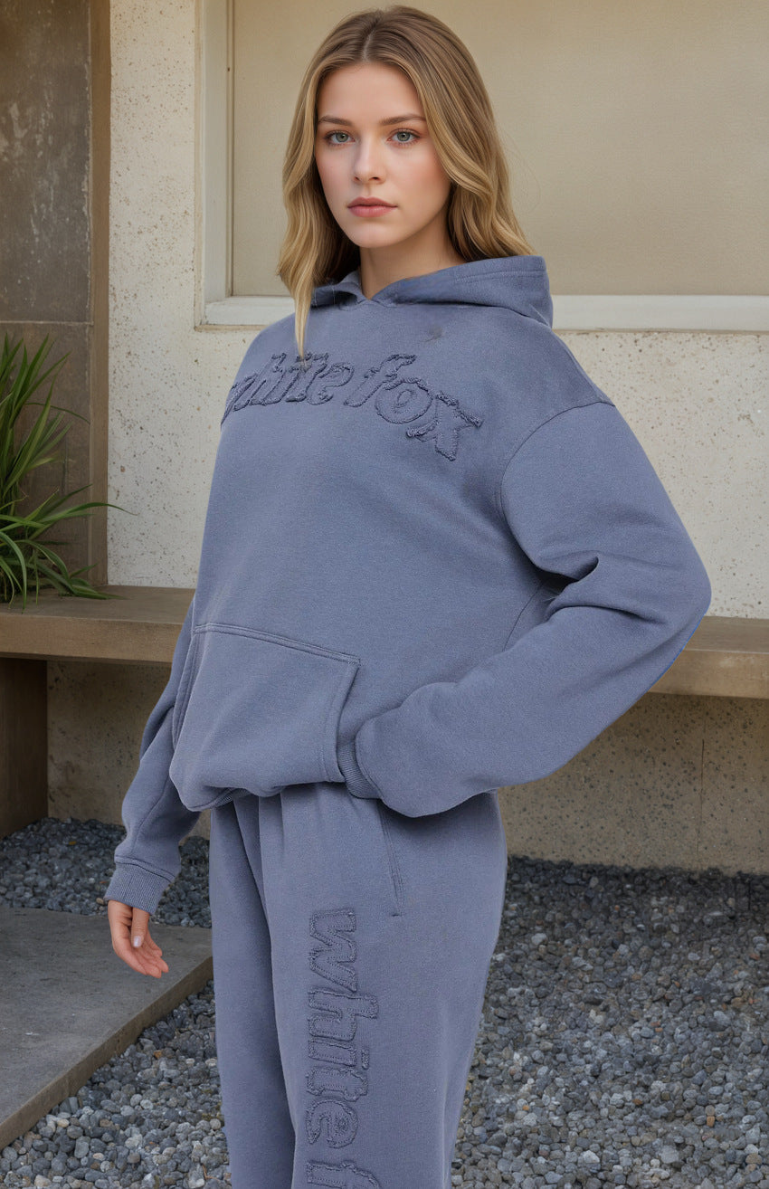Fleece Hooded Sweatshirt & Fashionable Sports Blend Long Pants Two-Piece